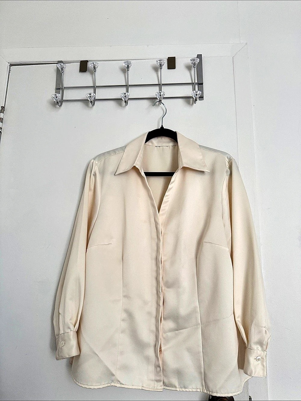 Vintage Cream Liquid Satin Hidden Button Blouse with Side Slits